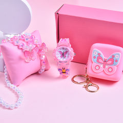 Girls' 3D Butterfly Strap Watch Set with Bracelet & Coin Purse