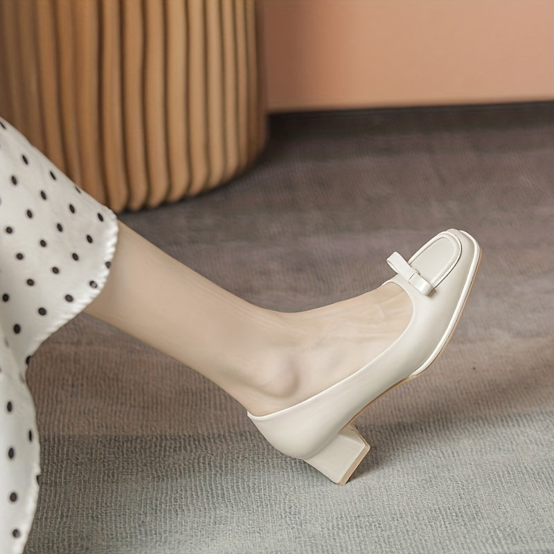 Chunky Mid Heel Square Toe Slip-On Shoes with Bow French Style Pumps