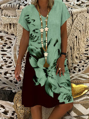  Colorblock Floral Print Short Sleeve V Neck Dress