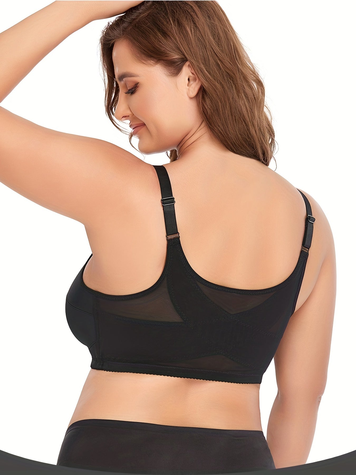 Plus Size Sports Bra Women's Plus Solid Closure Front Wireless Fitness Mesh Bra