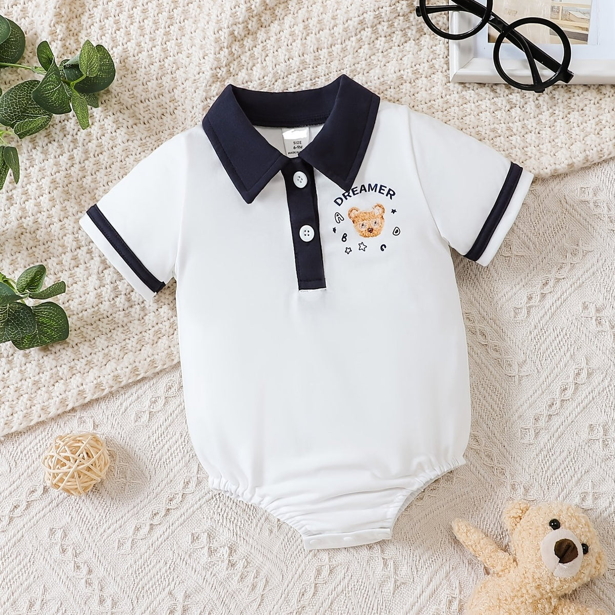 Baby Boys Bear Graphic Polo Neck Bodysuit