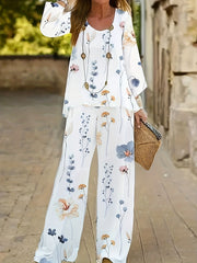  Floral Print Top & Pants Set Round Neck Outfit Two Piece