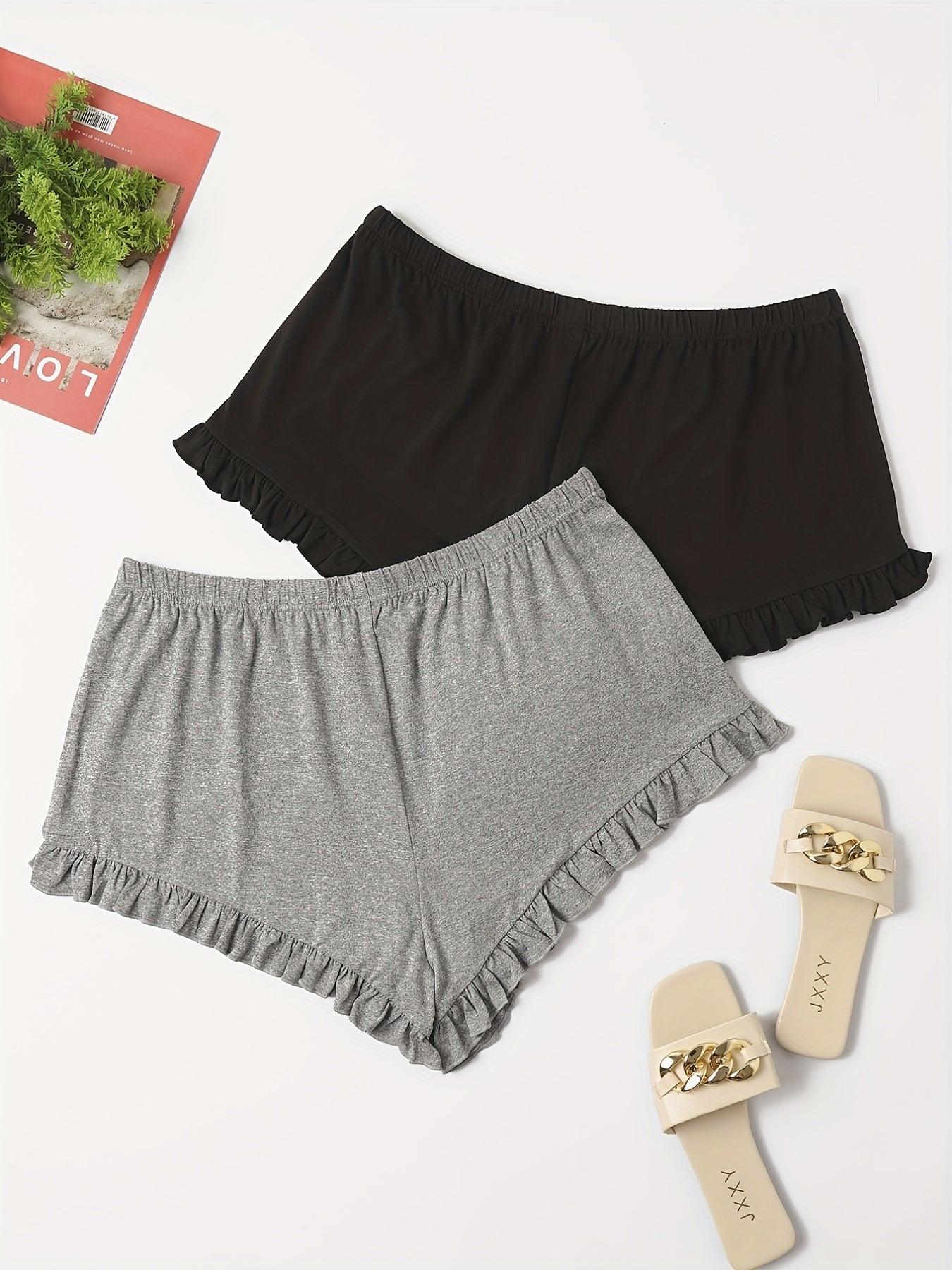 2 Pack Plus Size Ruffle Trim Stretch Shorts Set