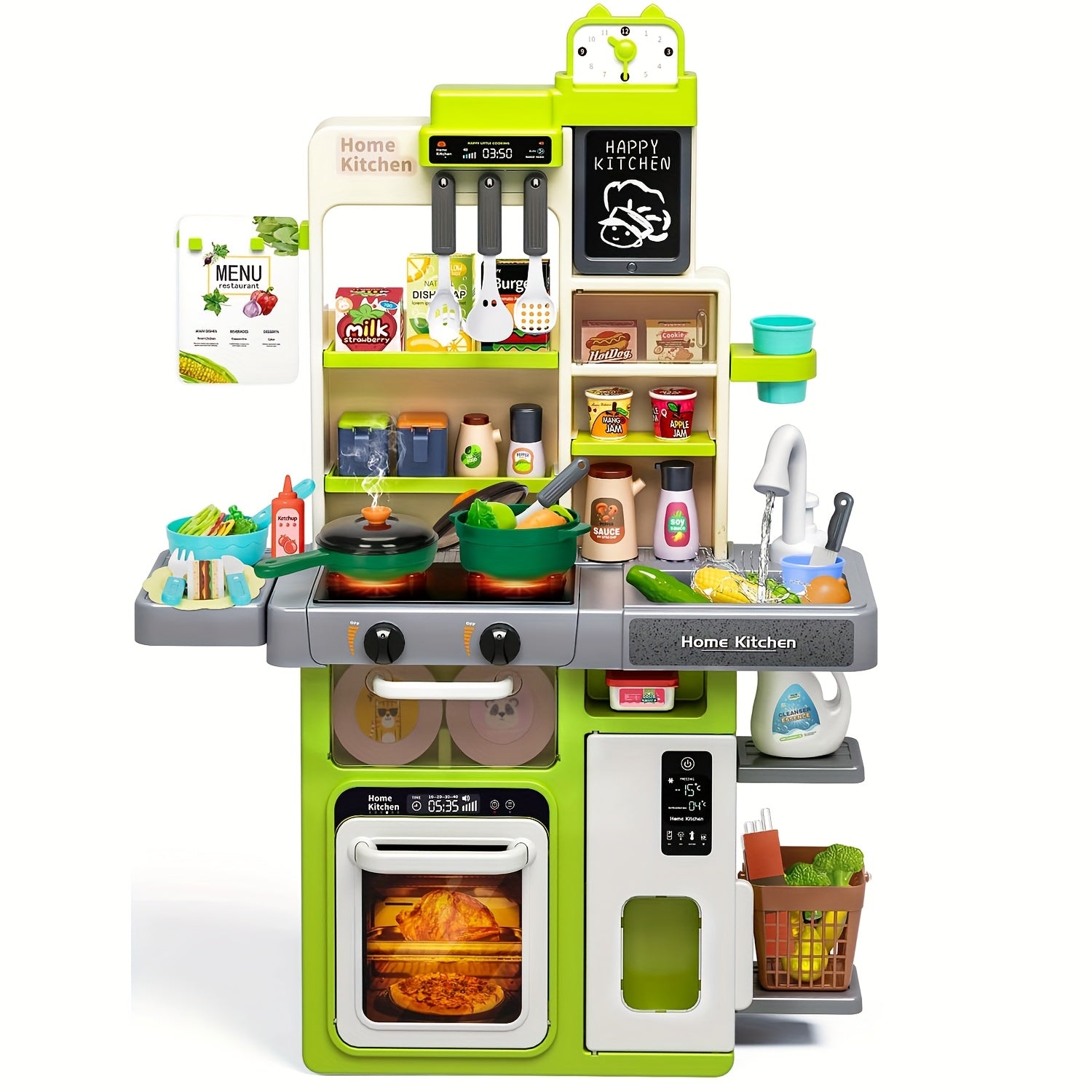 Kids Play Kitchen Set with Light Stove & Sink, Play Food Toy, Accessories