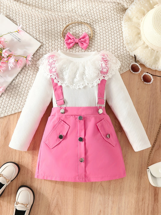Girl's Top & Jumpsuit Set Lace Ribbed Skirt Casual Outfits Kids Clothes
