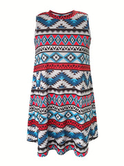  Southwestern Print Tank Dress Mock Neck Casual Slight Stretch