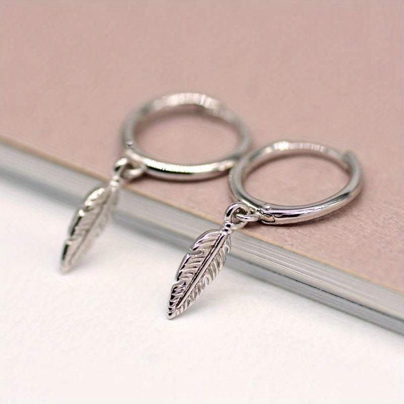 Silver Plated Feather Hoop Earrings for Women