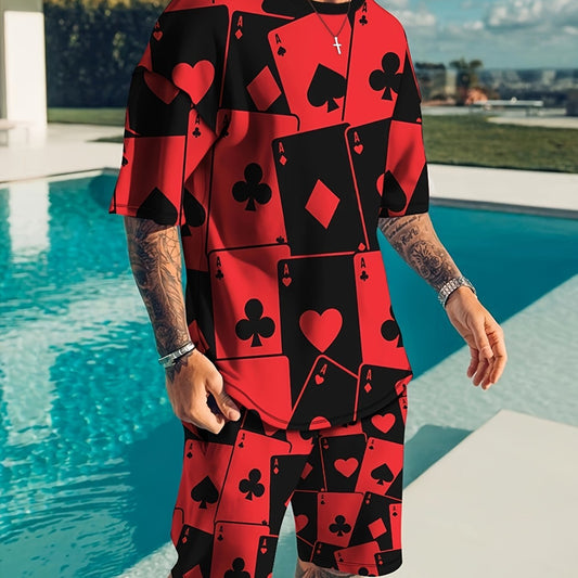 Men's Poker Pattern 2-Piece T-shirt & Shorts Set for Summer