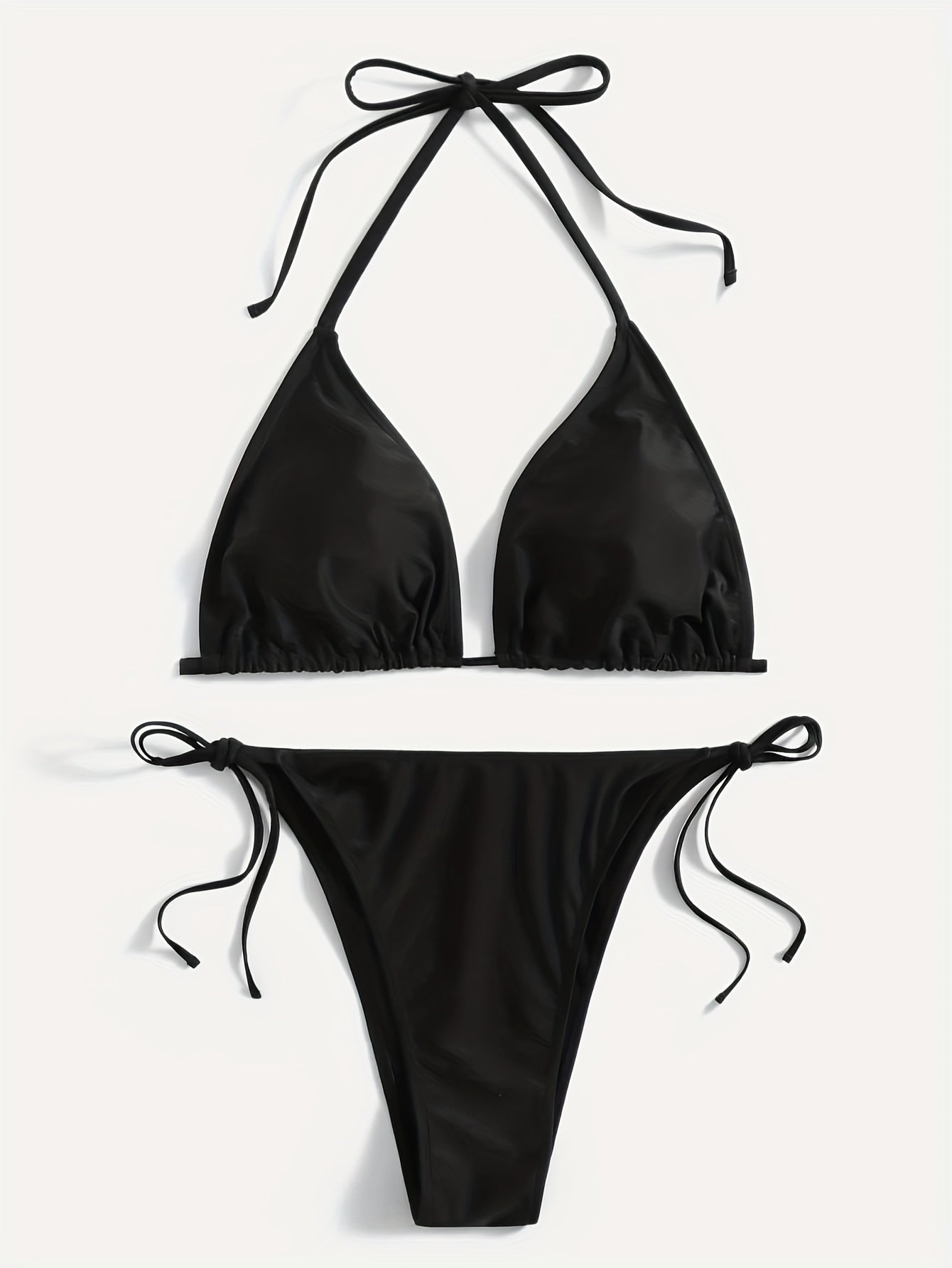  Backless Halter Bikini Set Solid Bra & Tie Side Panty Swimsuit