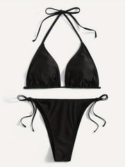  Backless Halter Bikini Set Solid Bra & Tie Side Panty Swimsuit