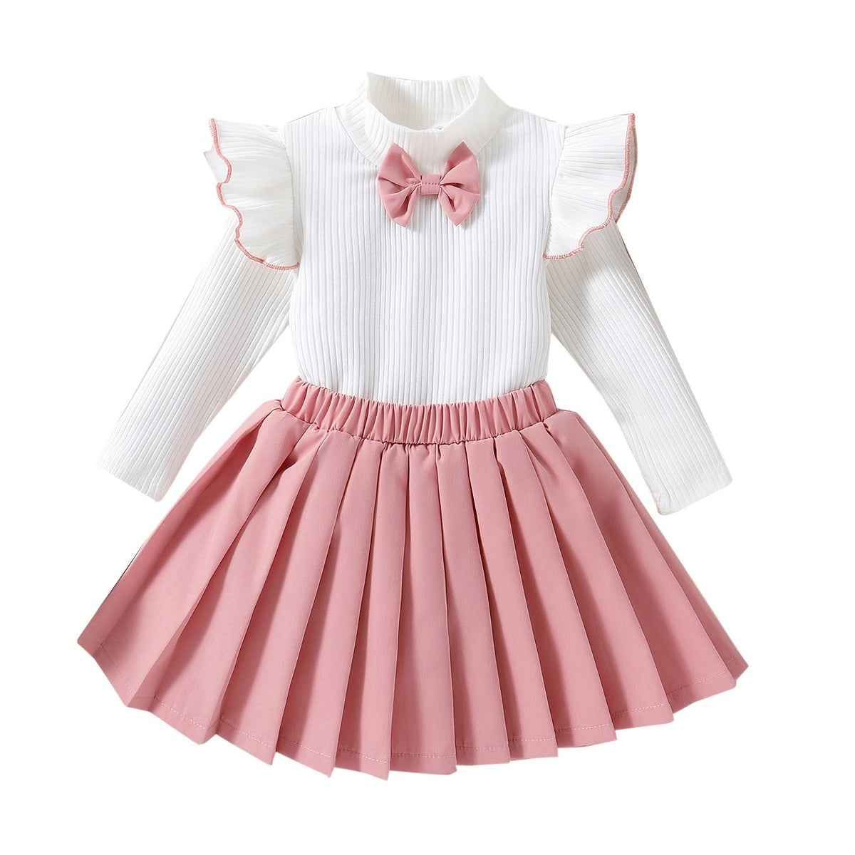 Preppy Girl's Bowknot Top & Skirt Set Ruffle Casual Outfits