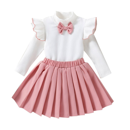 Preppy Girl's Bowknot Top & Skirt Set Ruffle Casual Outfits