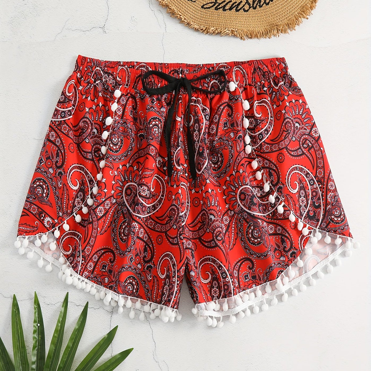  Boho Shorts Women's Plus Paisley Print Pompom Trim Elastic Vacay Short