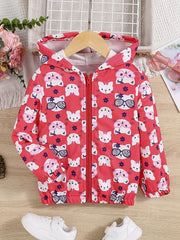 Girls Cartoon Kitten Print Hooded Windbreaker Jacket