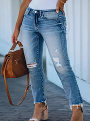  Casual Jeans High Stretch Ripped Raw Trim Button Fly