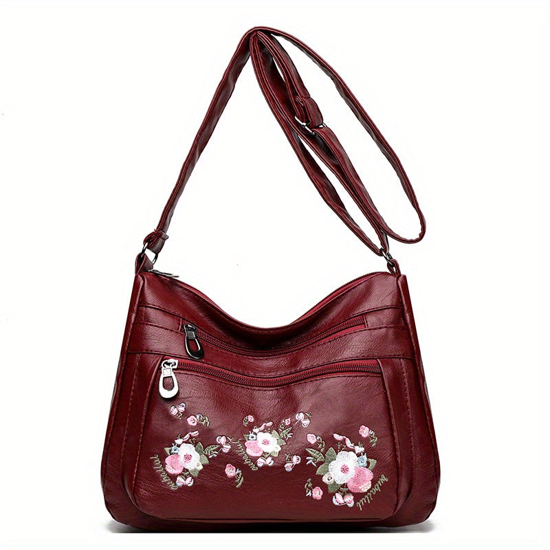 Embroidered Floral Crossbody Bag Adjustable Strap Zipper Closure