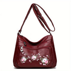 Embroidered Floral Crossbody Bag Adjustable Strap Zipper Closure