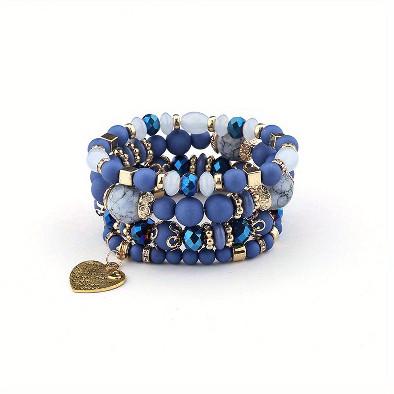 Heart Charm Bead Layered Bracelet Set Vintage Jewelry Gift