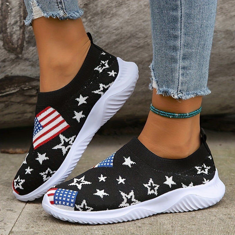 Women's Flag Pattern Knit Slip-On Sneakers Low Round Toe Non-Slip Shoes