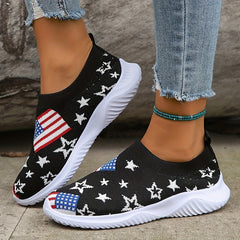 Women's Flag Pattern Knit Slip-On Sneakers Low Round Toe Non-Slip Shoes
