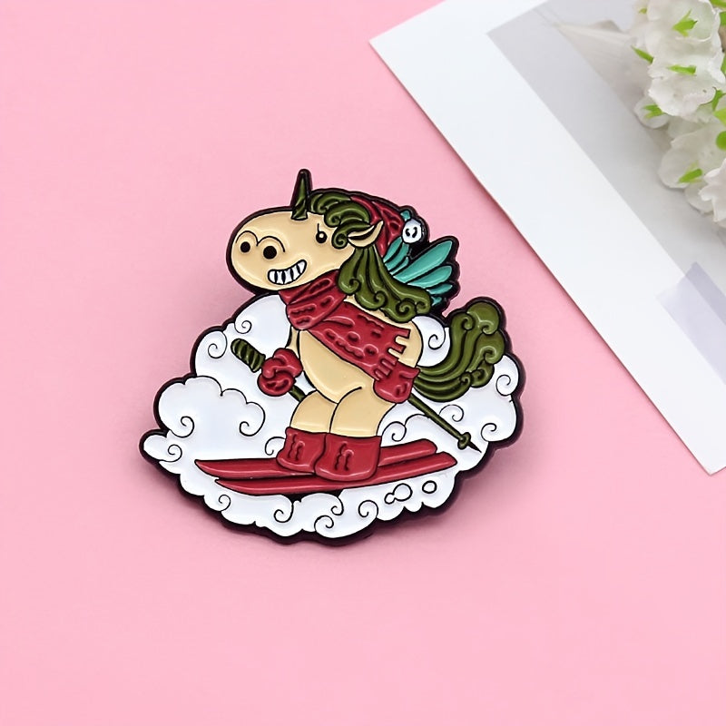 Winter Ski Sled Unicorn Red Scarf Horse Cartoon Brooch