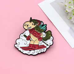 Winter Ski Sled Unicorn Red Scarf Horse Cartoon Brooch