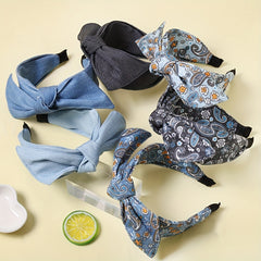 Boho Denim Headband Bow Knotted Hair Hoop Wide Headdress Retro Hair Accessory