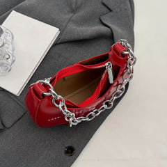 Metal Chain Half Moon Crossbody Bag PU Leather Textured Crescent Bag Purse