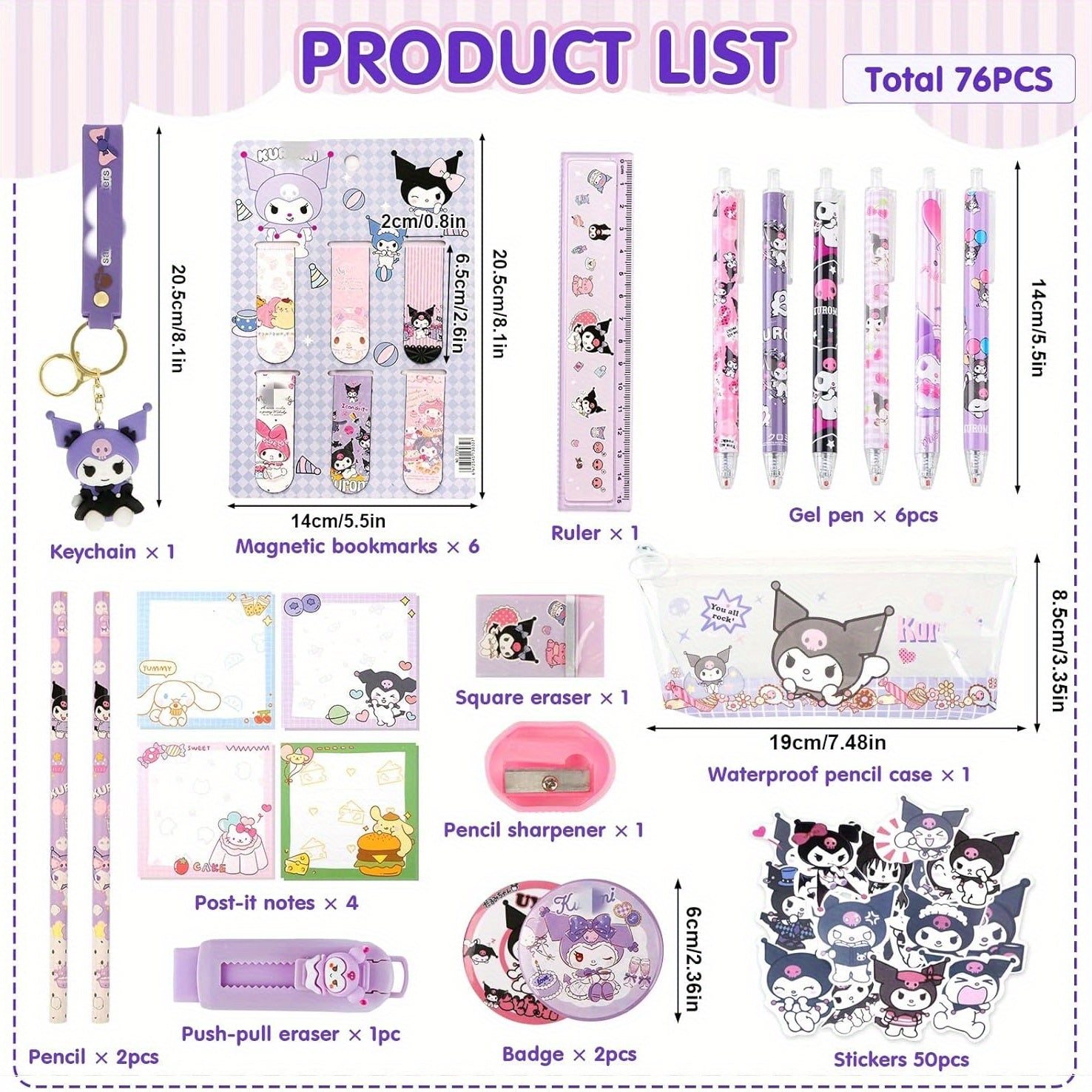 Kuromi Stationery Set: Fountain Pen, Pencil Case, Erasers, Sticky Note