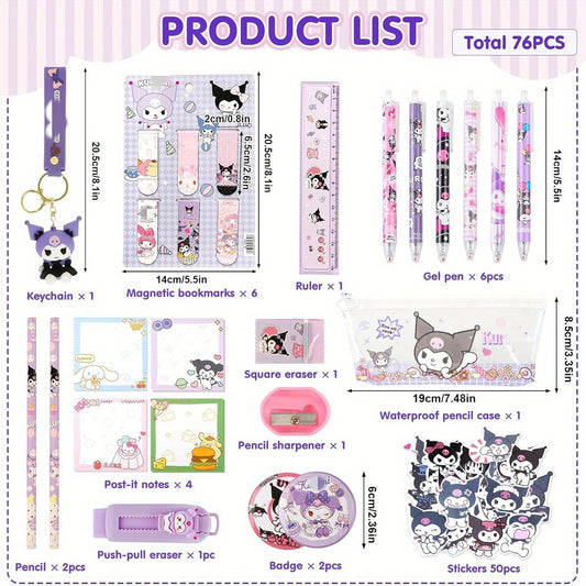 Kuromi Stationery Set: Fountain Pen, Pencil Case, Erasers, Sticky Note