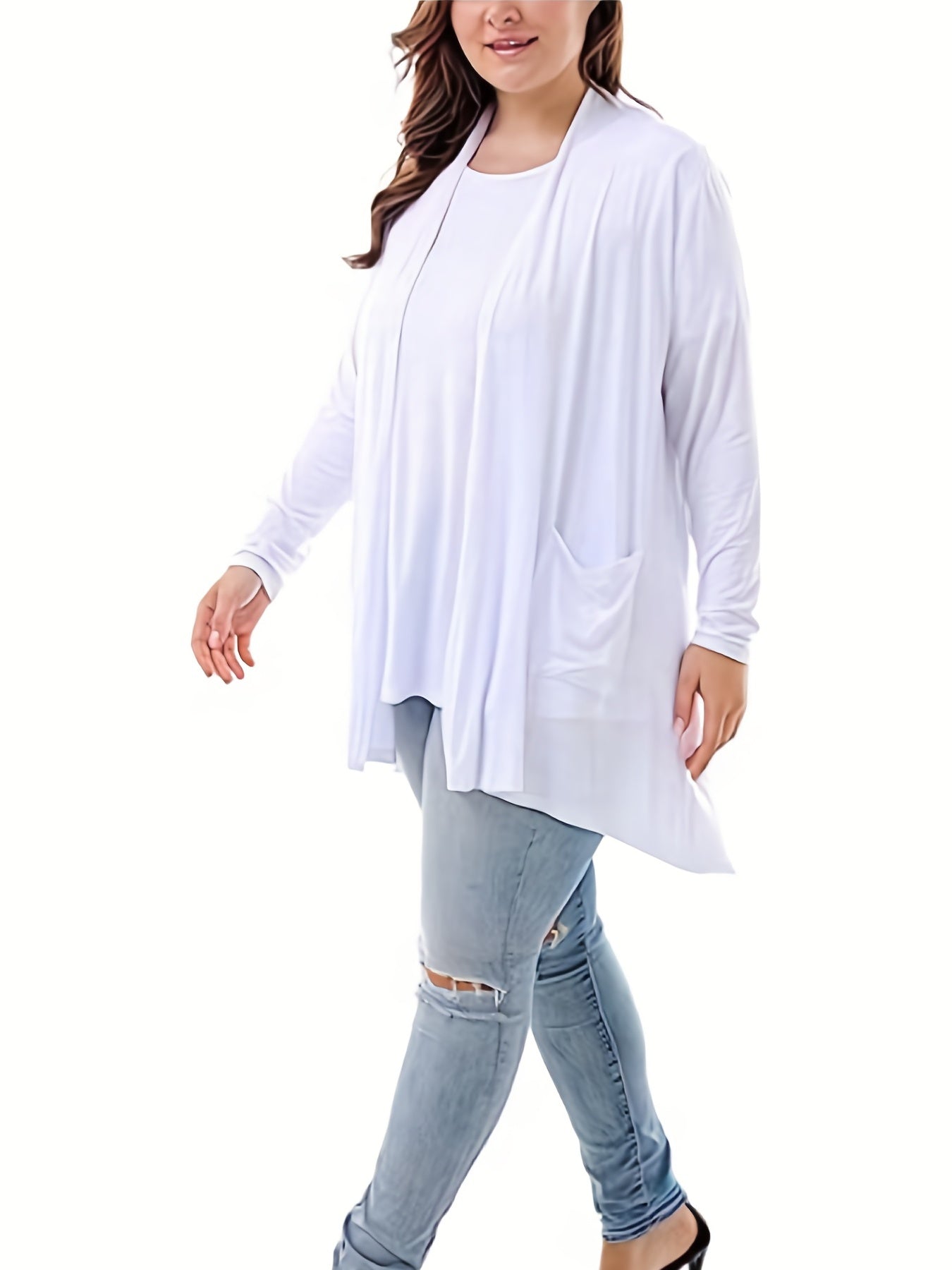  Solid Long Sleeve Open Front Cardigan With Pockets