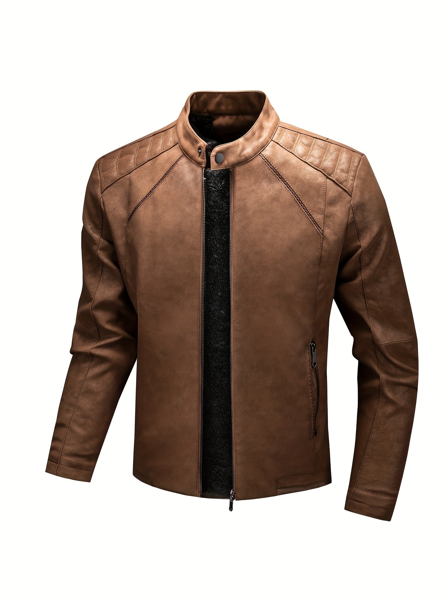 Men's Warm Fleece PU Jacket Casual Leather Coat