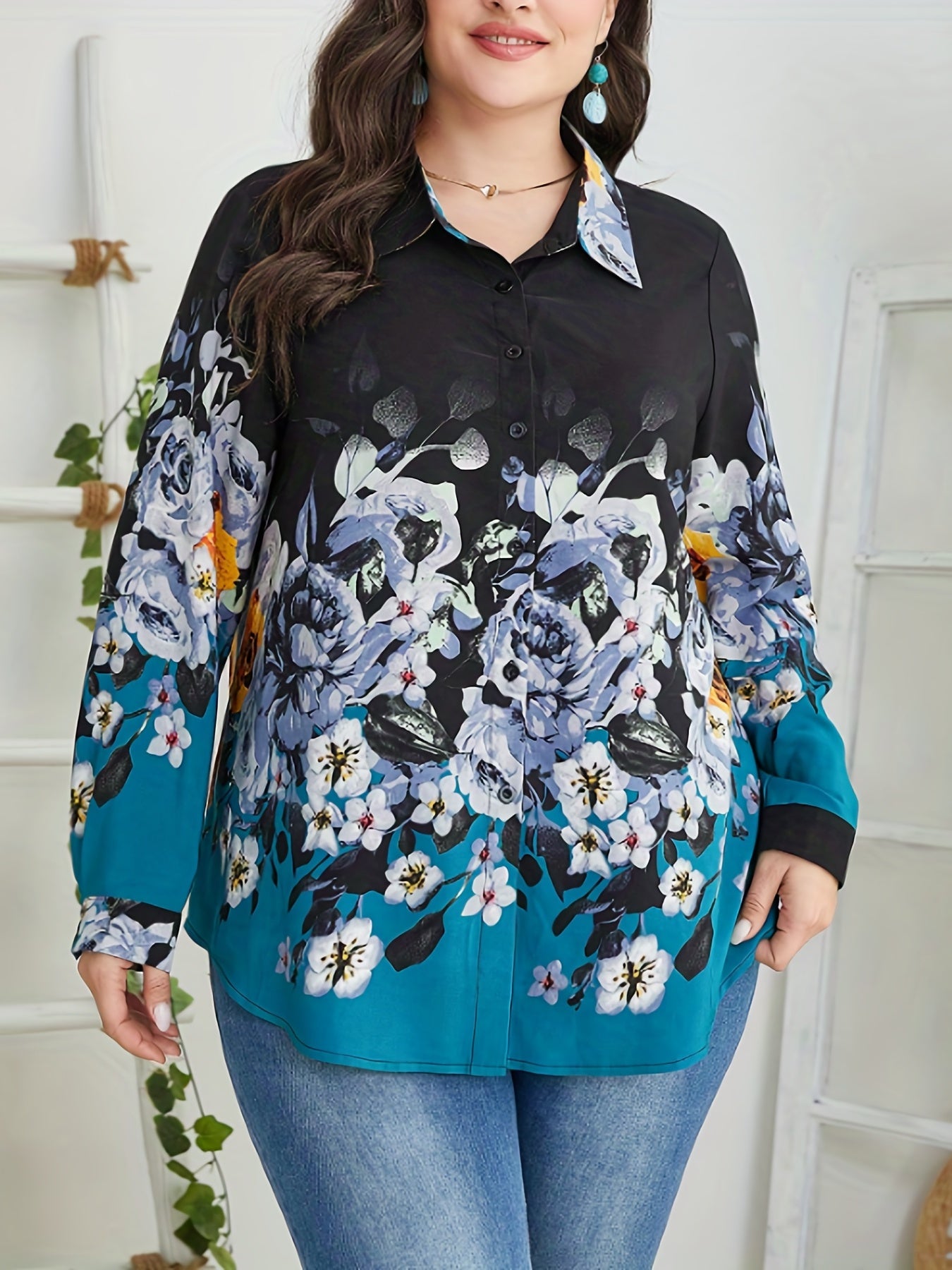  Floral Print Boho Blouse Long Sleeve Button Up Shirt Top