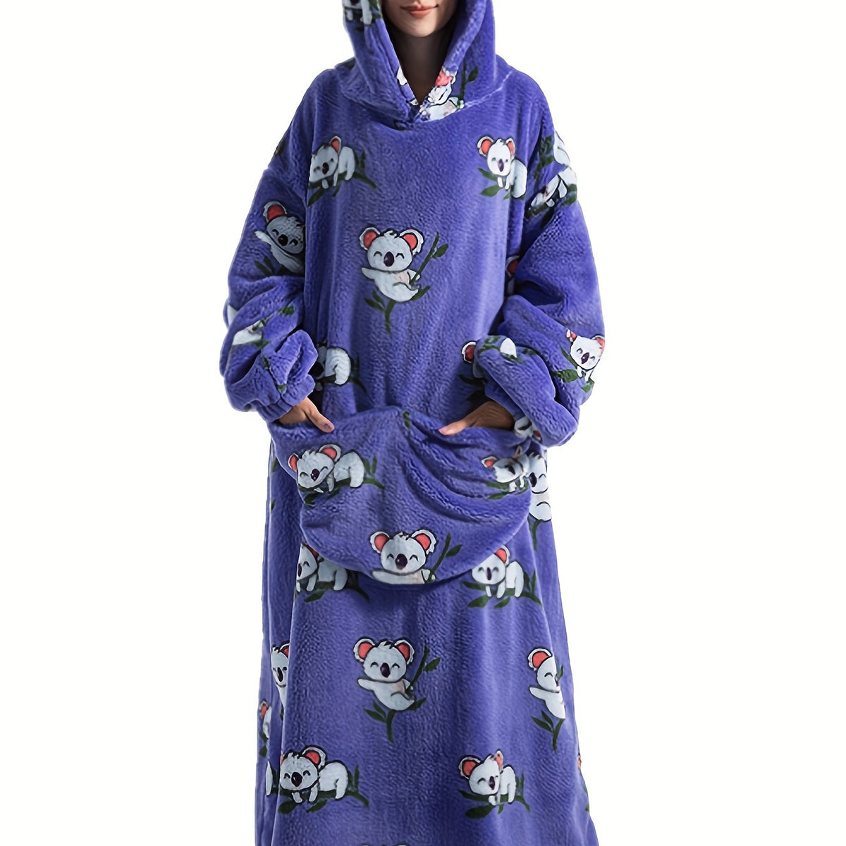 Koala Pattern Flannel Fleece Nightgown with Sleeves & Pockets