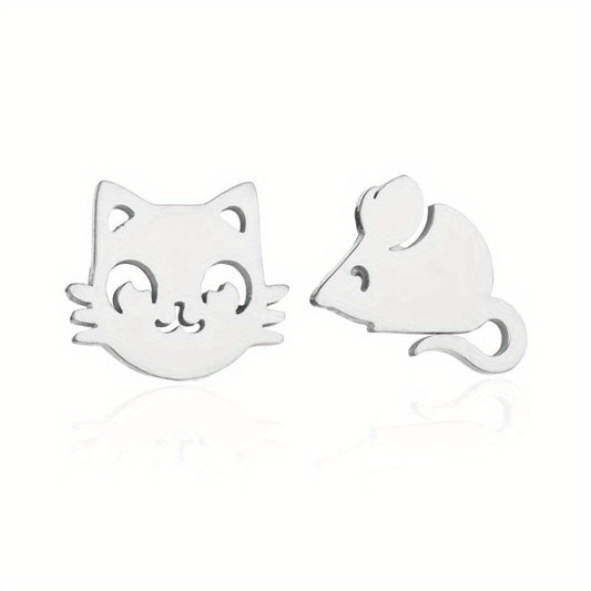 Stainless Steel Cat And Mouse Stud Earrings