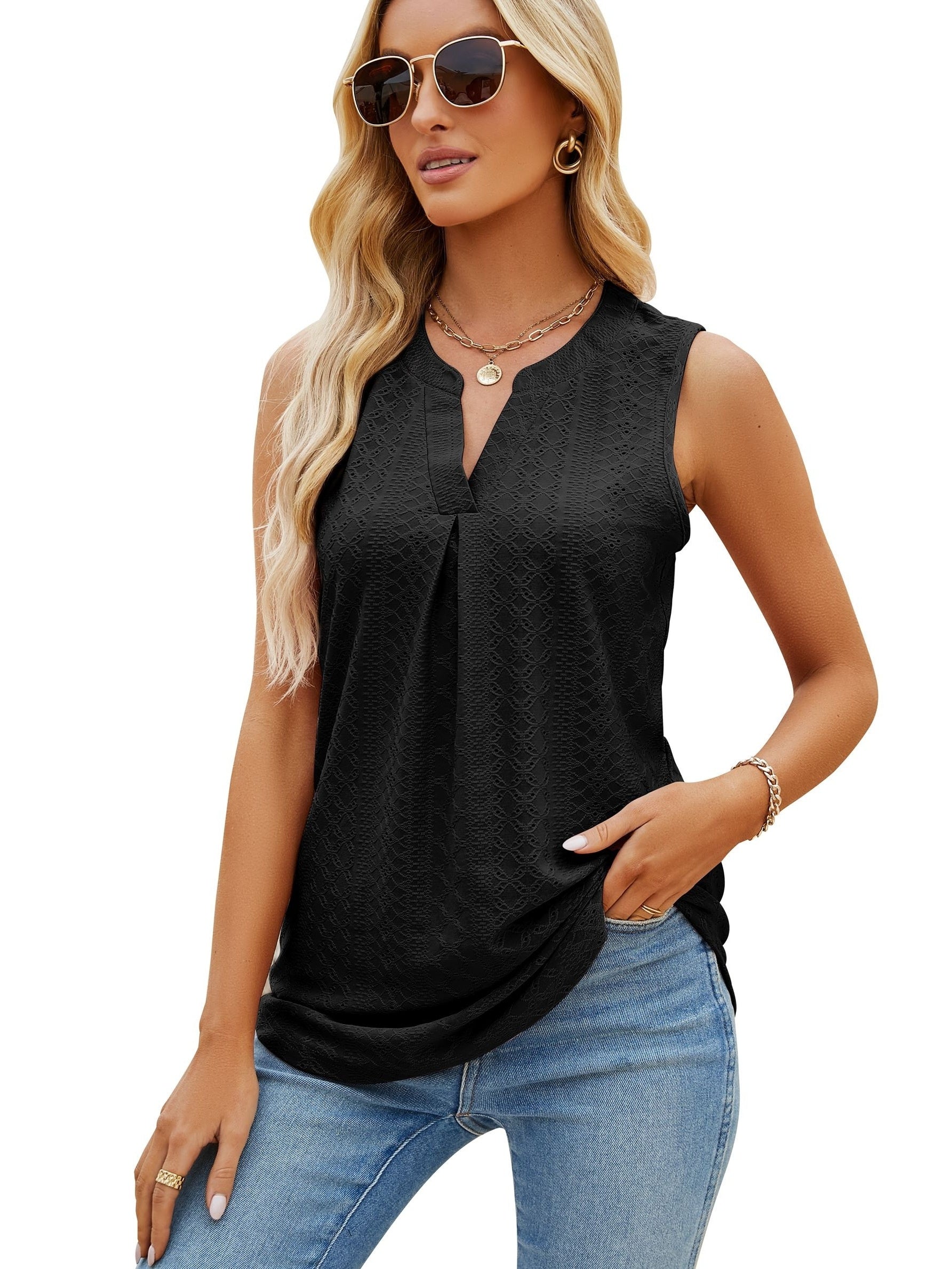 Eyelet Embroidered Tank Top Summer V-neck Sleeveless Tank Top