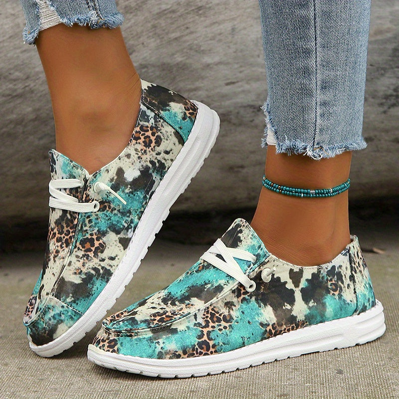 Leopard Pattern Flat Loafers Slip On Low Round Toe Lightweight Canvas Shoes