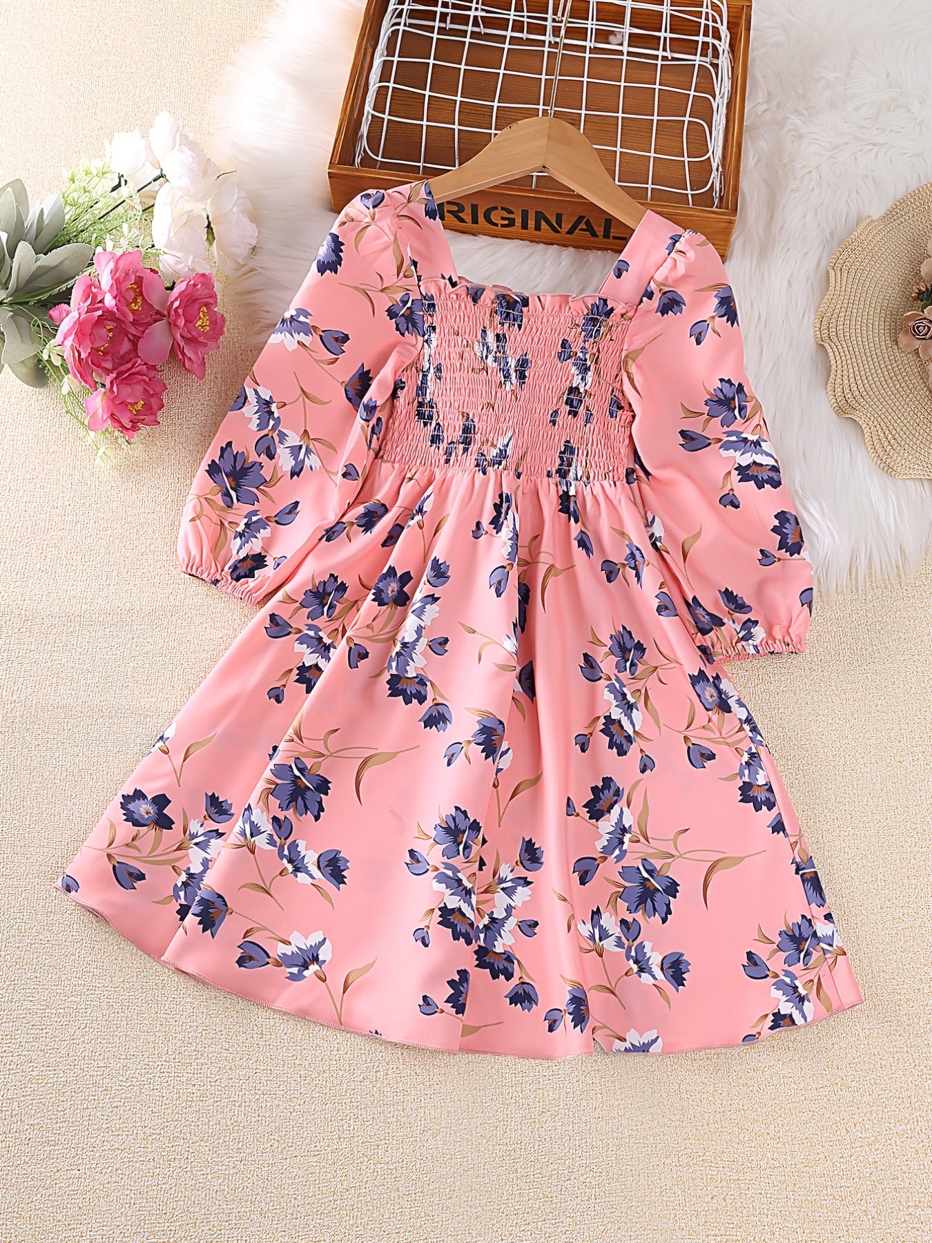 Boho Floral Long Sleeve Dress For Girls With Shirred Waist