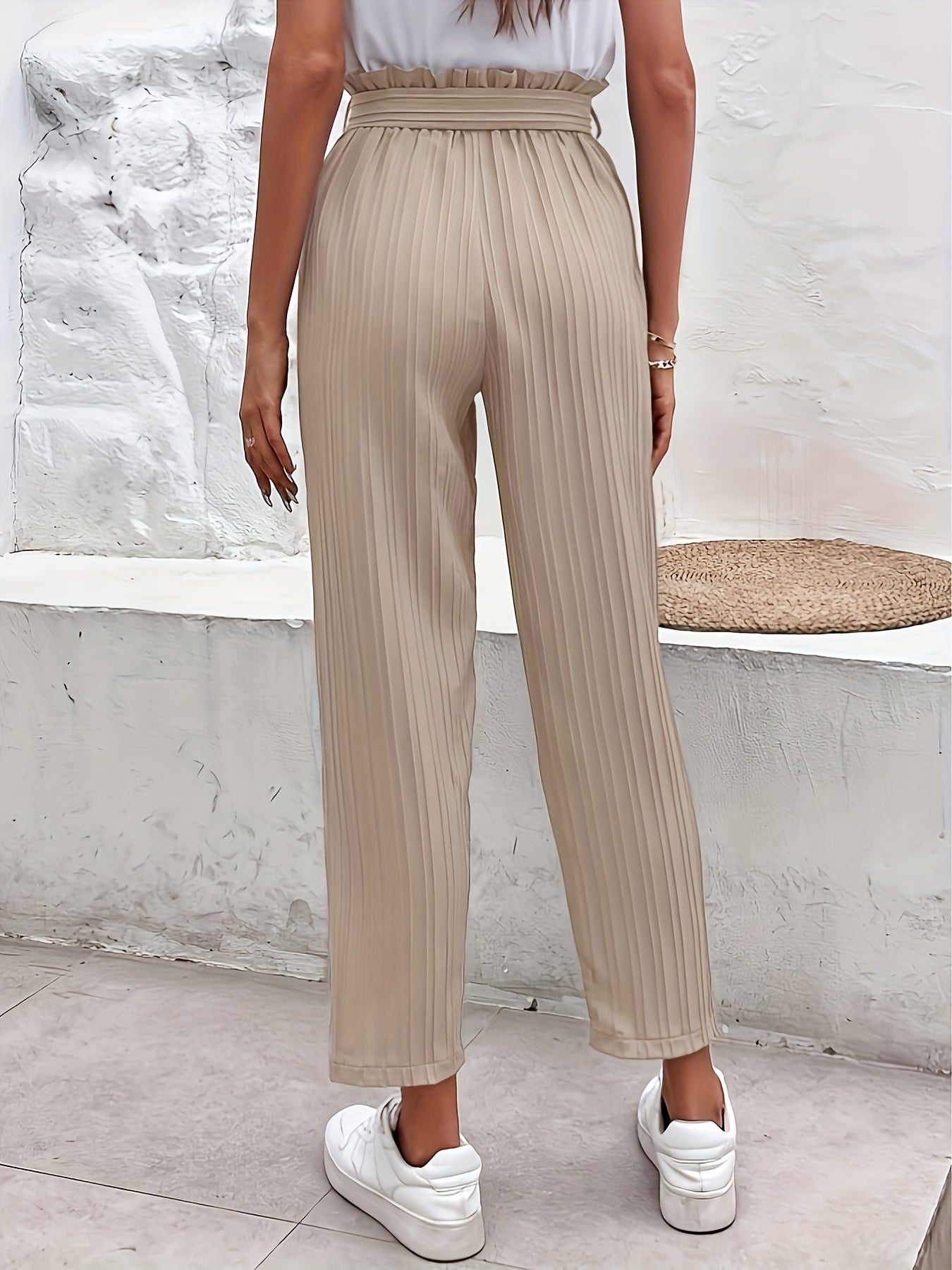 Paper Bag Waist Pants with Belt Straight Leg