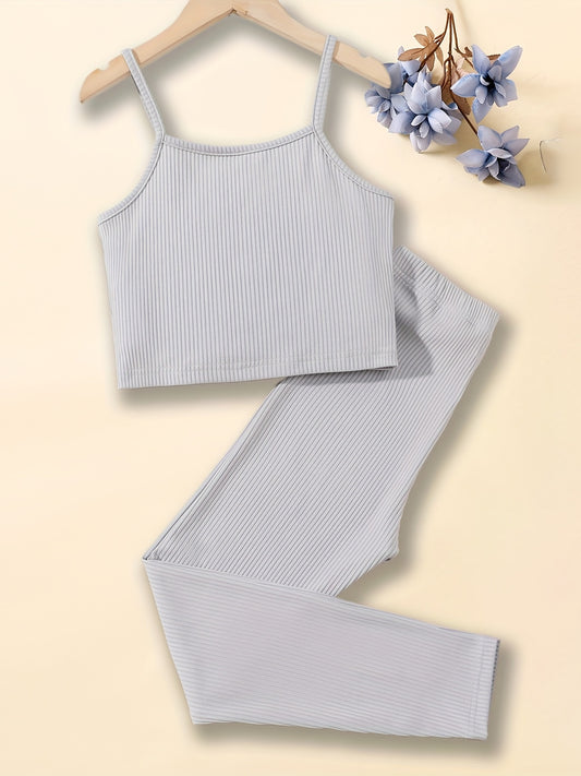 2pc Girls Ribbed Sleeveless Cami Top & Elastic Waist Pants Set