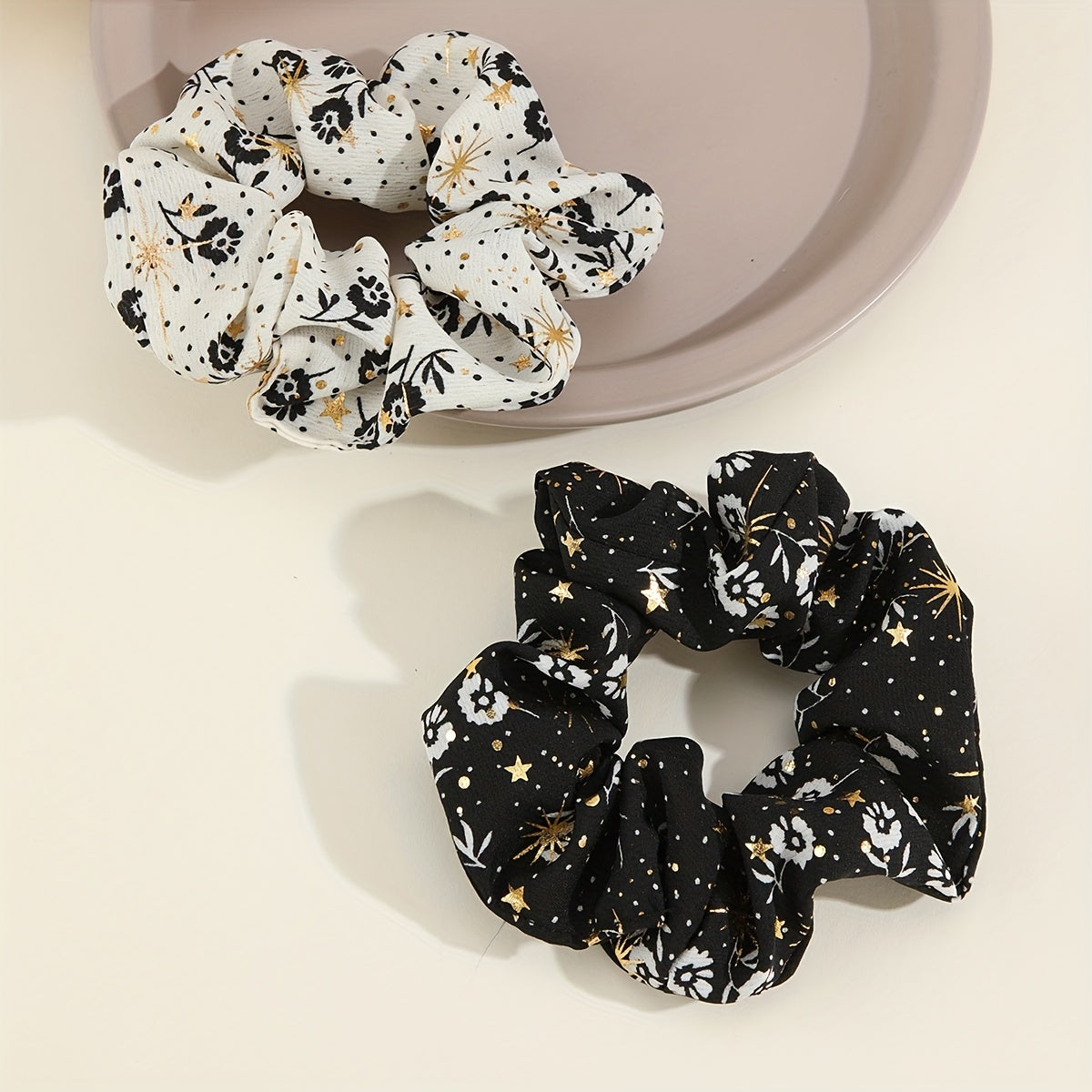 2pcs Boho Foral Print Scrunchies Hair Tie Glod Sparkle Hair Rope