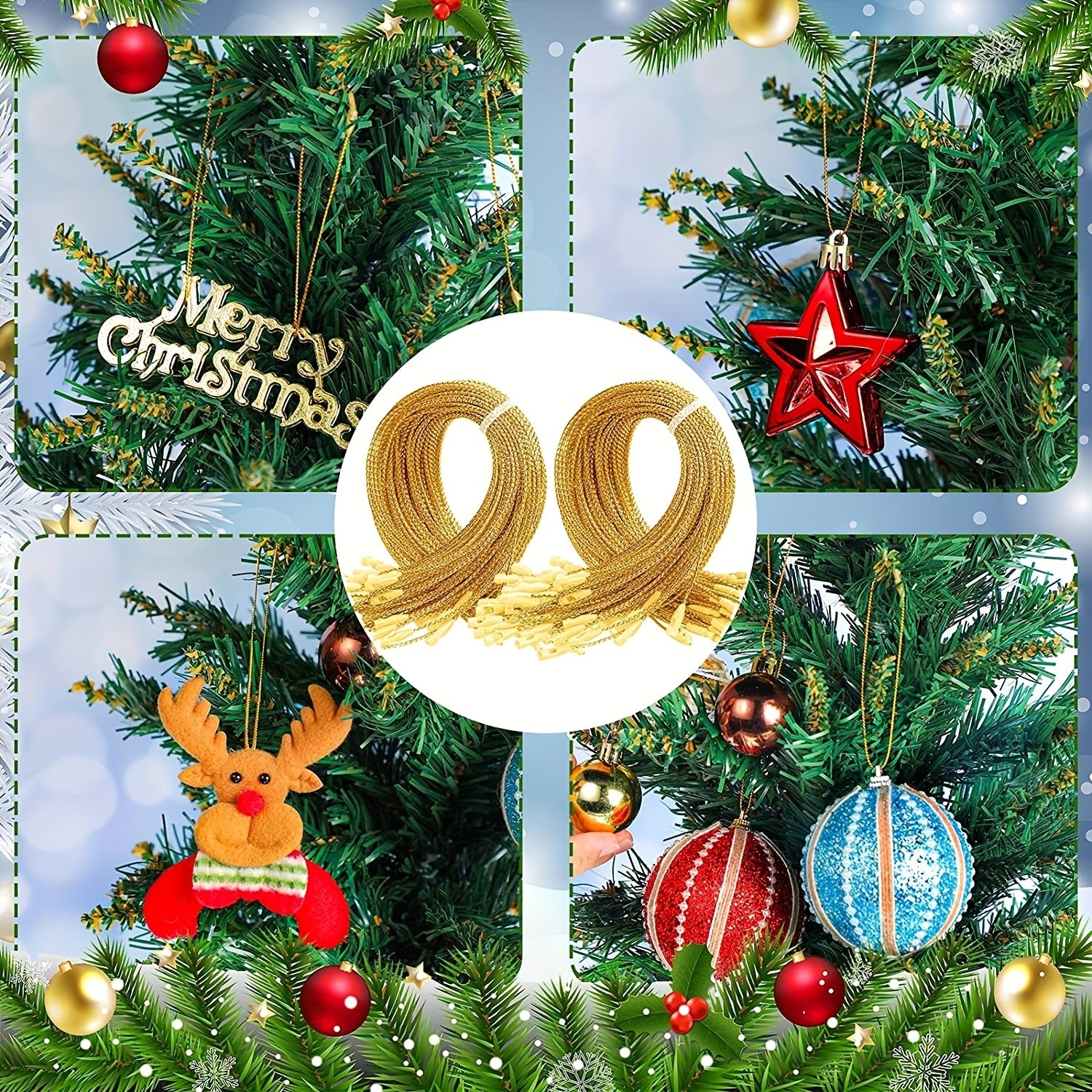 200pcs Golden Ribbon Ornament Hook Ropes with Snaps Locking