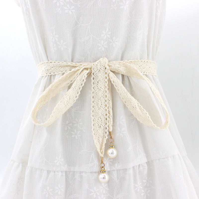Women's Faux Pearl Lace Waist Belt for Dress Skirt