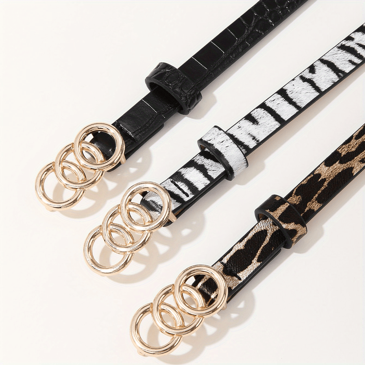 3pcs Triple Ring Buckle Belt Classic PU Belt Thin Jeans Waistband for Women