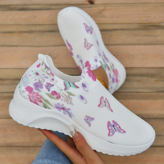 Women's Floral & Butterfly Print Slip-On Sneakers Breathable Knit Sock Shoes