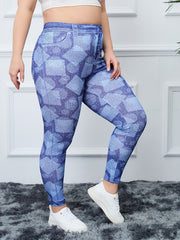  Geometric & Denim Print High Rise Fitness Leggings Women's Plus