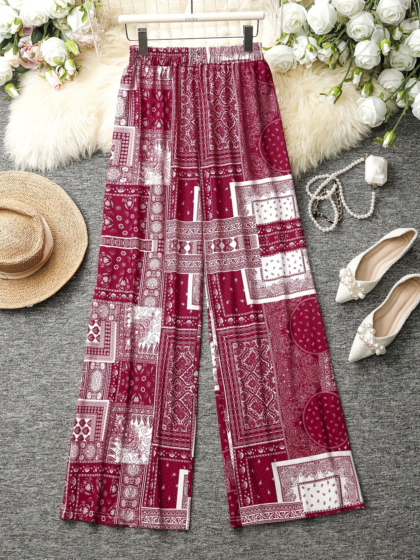 Random Print High Rise Plus Size Casual Pants