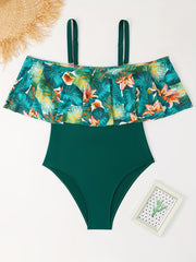  Tropical Print Off Shoulder One Piece Bathing Suit
