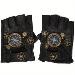 Steampunk Leather Gloves Men's Gothic Fingerless Gear Halloween Compass