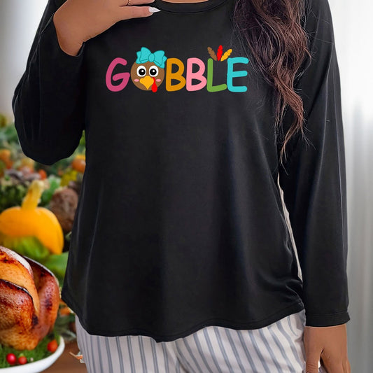 Women's Plus Size Turkey Graphic Long Sleeve Round Neck Sleepwear Top